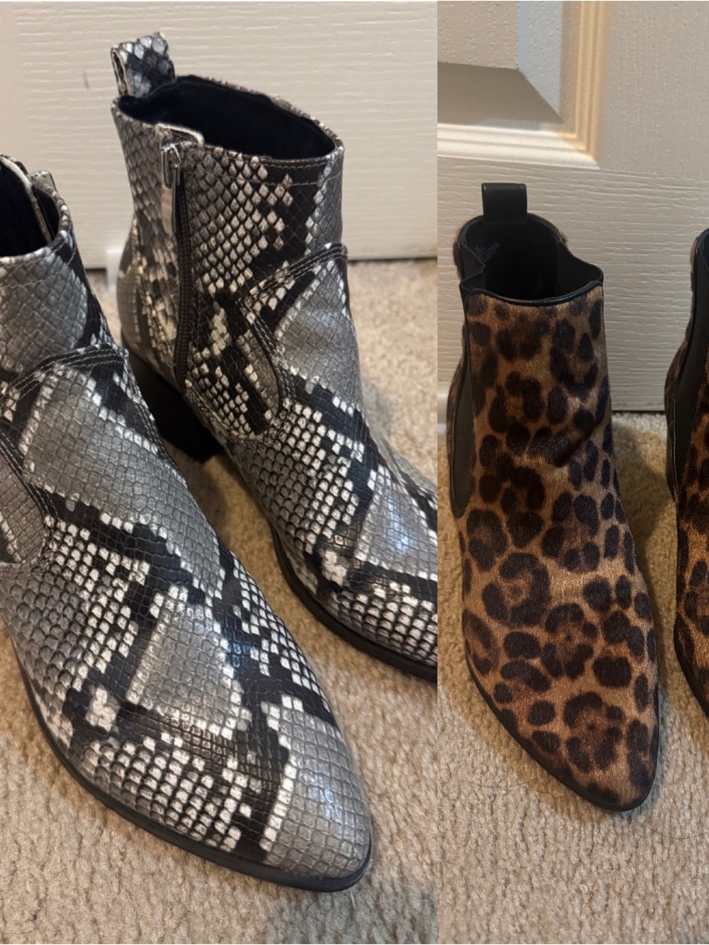 Nine West 2 Pair Ankle Boot Set -Black/ White Snake & Brown Leopard. Used BUNDLE